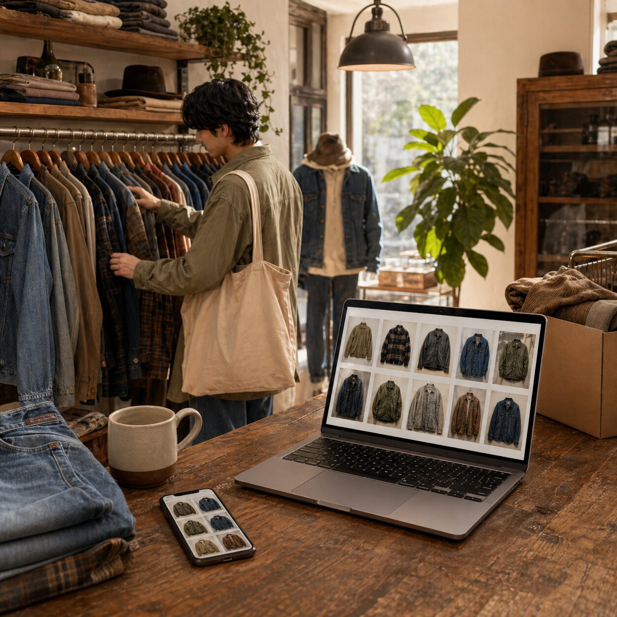 実店舗とオンラインとで古着を購入する男性