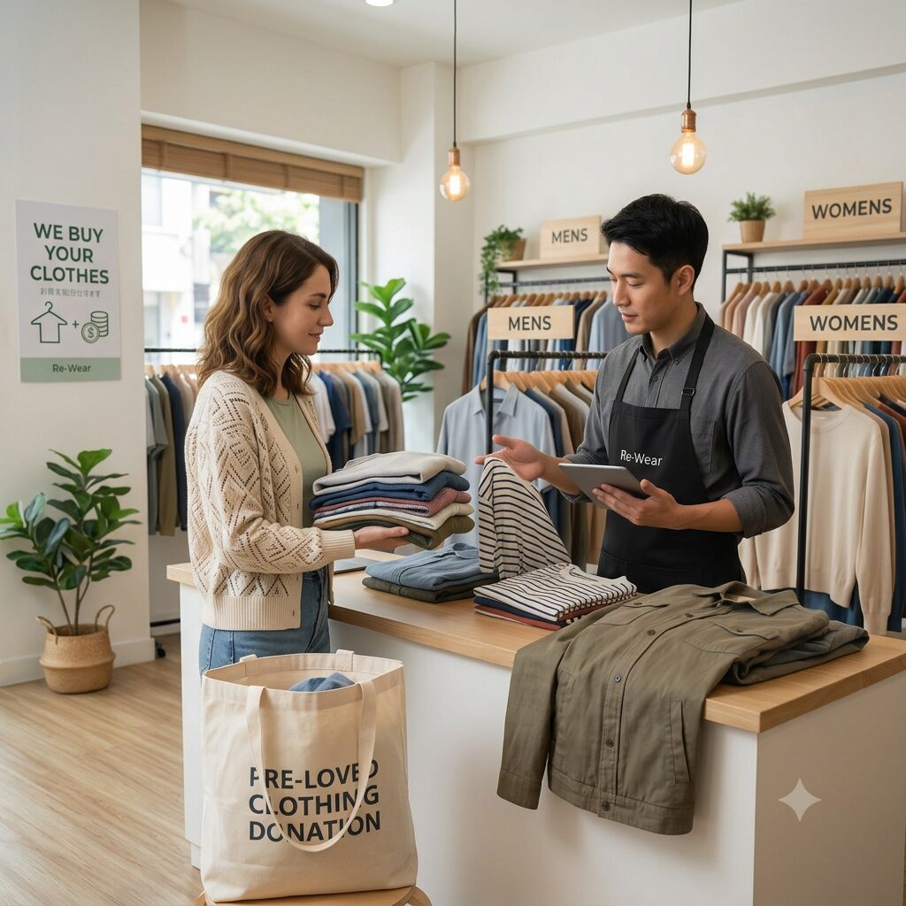 古着の買取依頼をおこなう女性