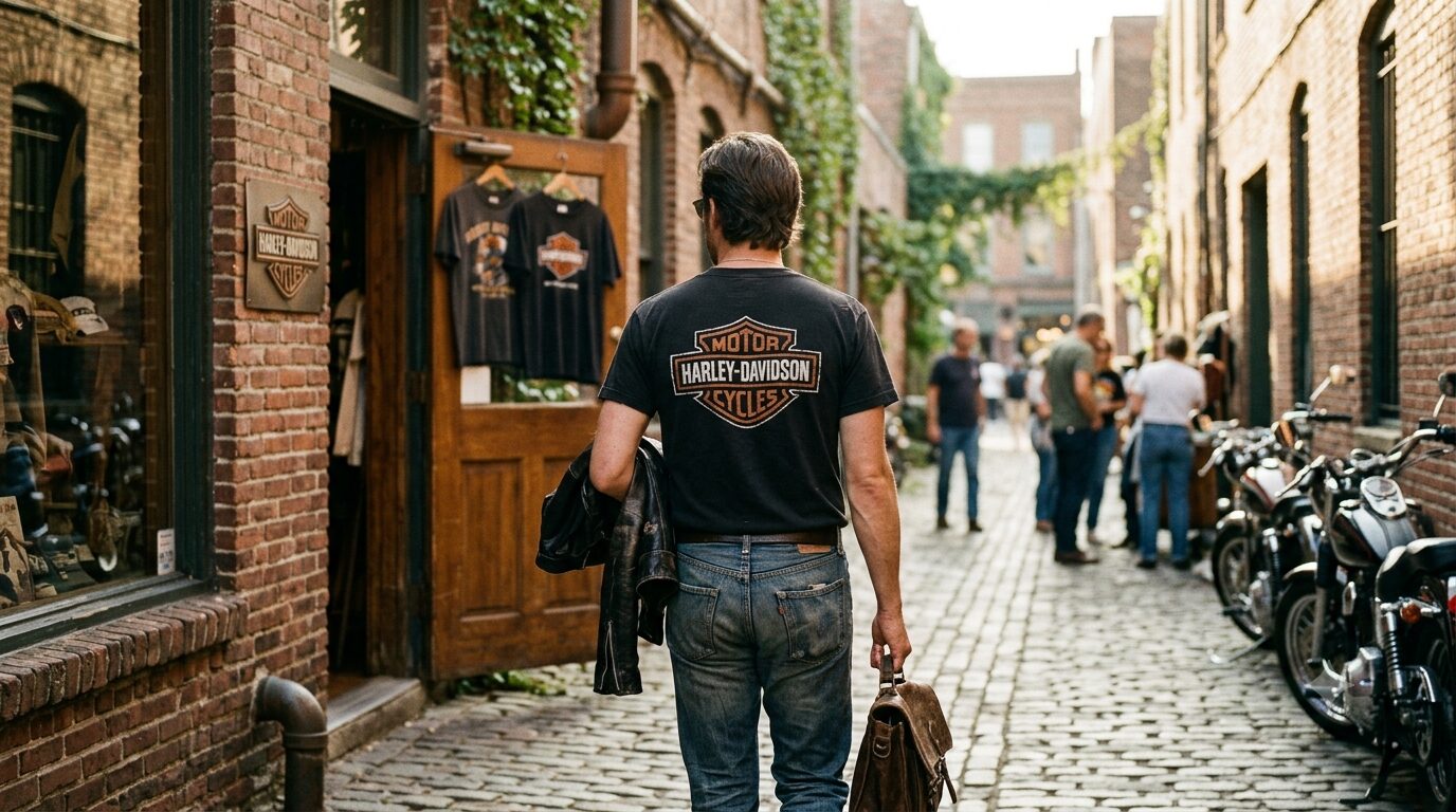 ハーレーダビッドソンの古着Tシャツを着た男性